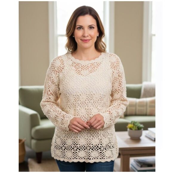 Vintage Knitting Needles Crochet Sweater Faux Pearls Knitted By Hand Size M - Picture 1 of 7